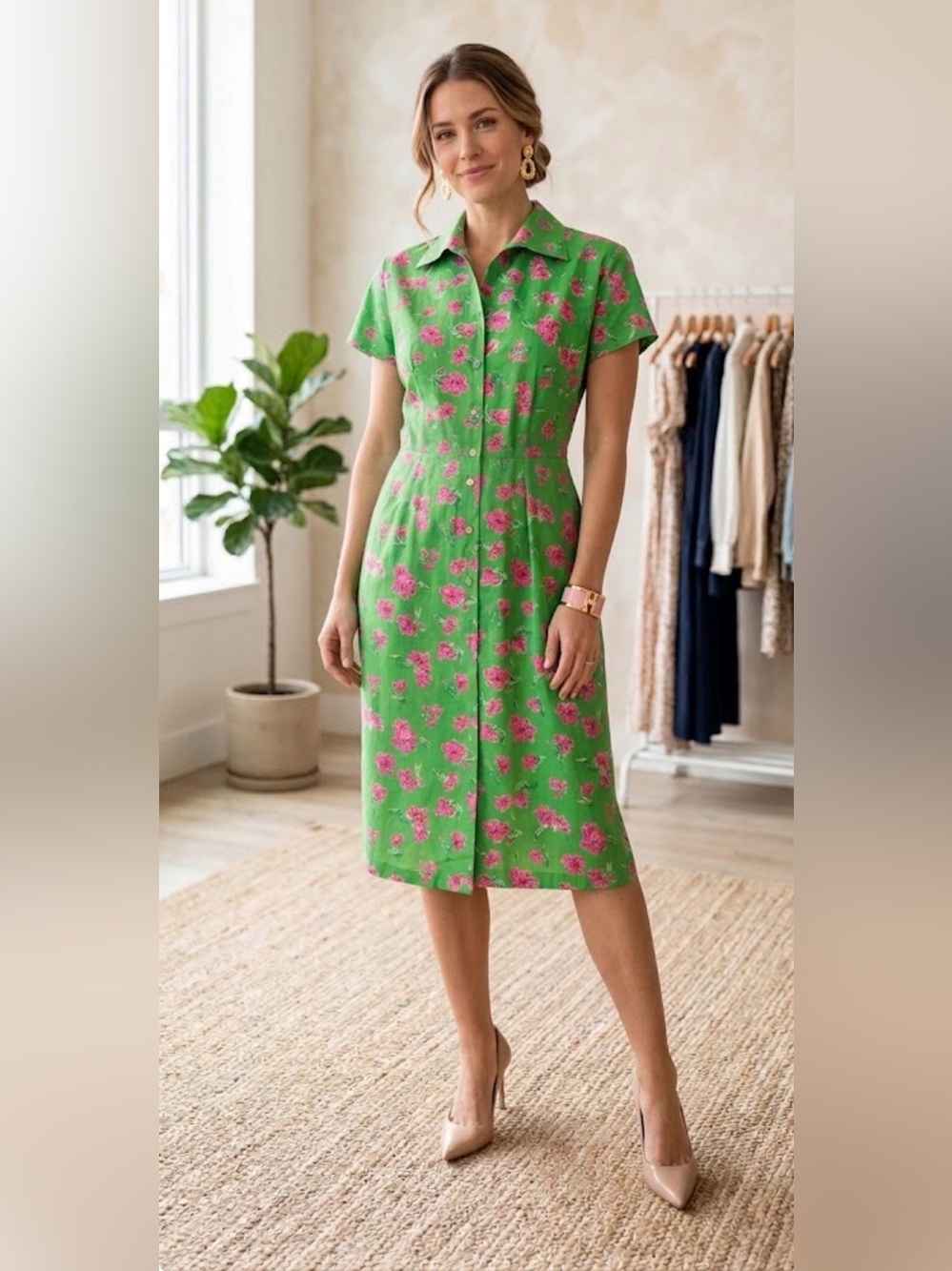 Vintage Lilly Pulitzer Green and Pink Lilly Floral Shirtwaist Dress